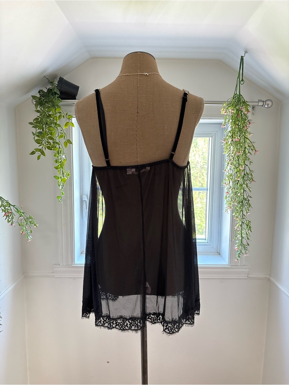 La Vie En Rose Black Sheer Lace-Trim Chemise with Embellished Straps - Picture 3 of 5